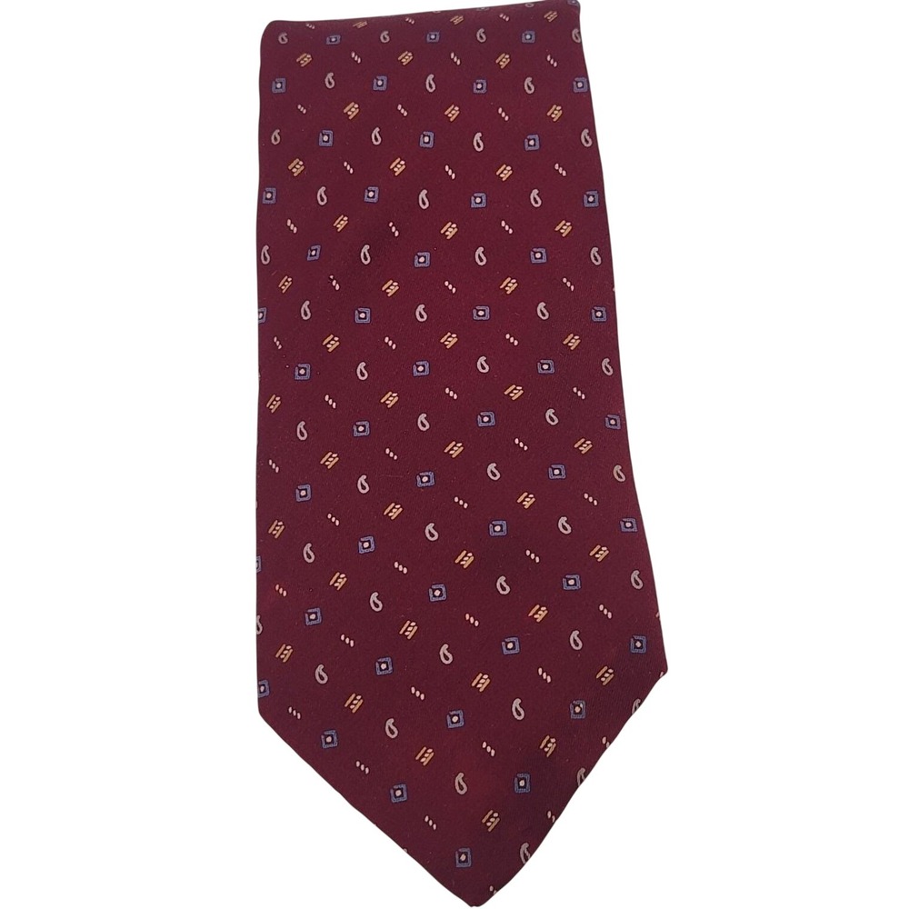 Vintage Paco Rabanne Paris Mens 100% Silk Tie Burgundy Geometric Made Italy